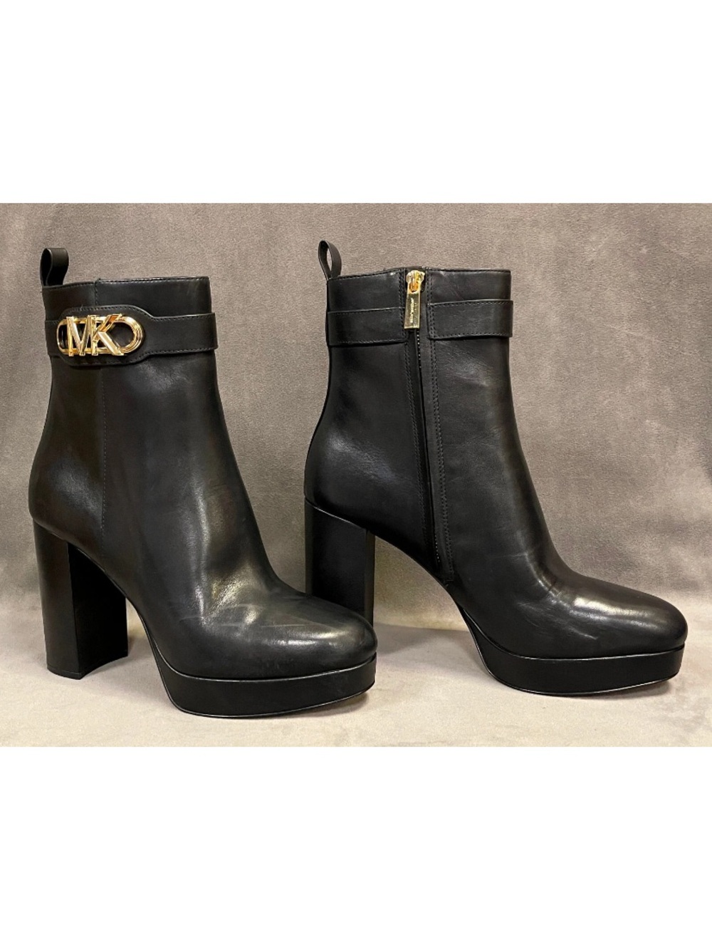 Michael Kors Black Leather Platform Ankle Boots with Gold MK Accent - Picture 6 of 8